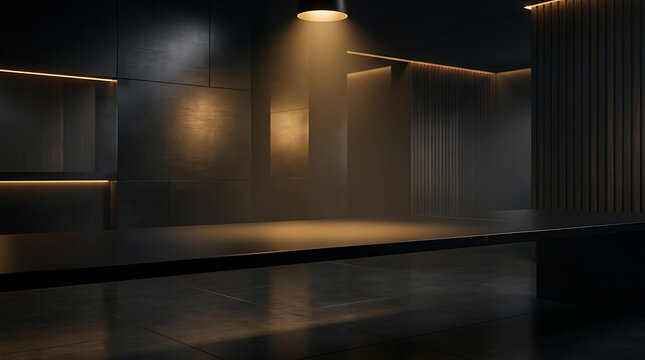Dark modern interior with accent lighting and spotlight, effect
