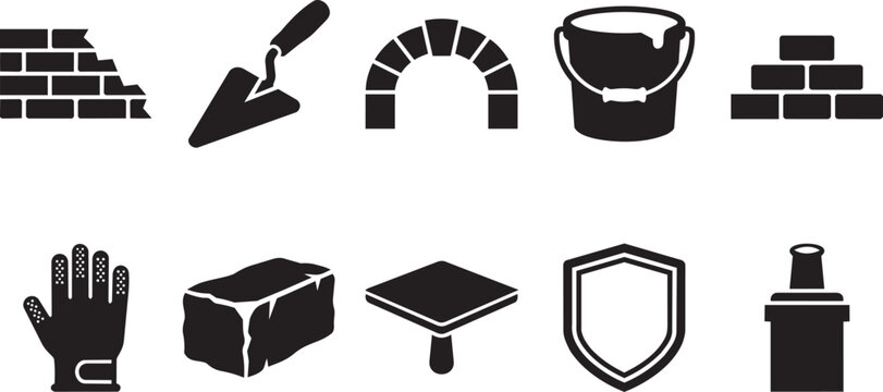 Robust vector icons for building tools, bricklaying, and brickwork