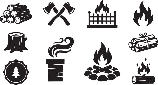 Icons of lumberjack and forestry silhouettes showcasing axes, logs, and campfires