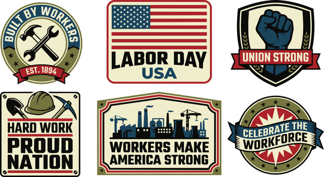 Set of labor day emblems, badges and labels collection of vintage style logos for workers day with tools, factory, flag and fist isolated on white background