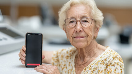 Obraz premium Elderly caucasian woman showing smartphone with blank screen indoors