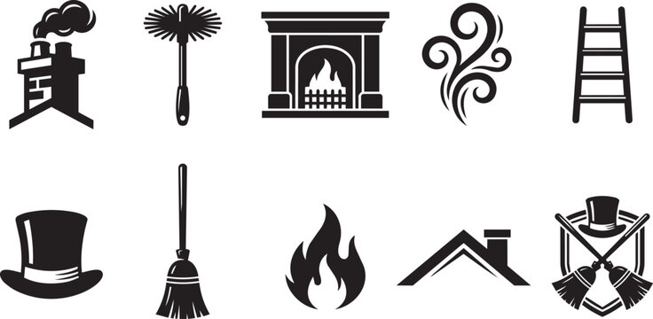 Black icons illustrating chimney cleaning services and fireplace upkeep