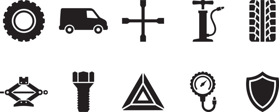 Silhouette icons of auto repair and tire services for garages and mechanics
