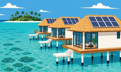 Luxury Overwater Resort Vector Illustration with tropical villas turquoise ocean and exotic island summer vacation scenery. © Rahmat