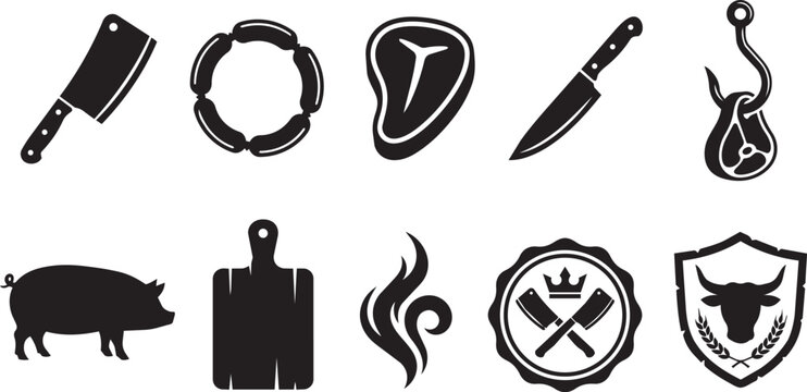 Meat cuts and grilling tools represented as solid icons for butcher shop and barbecue