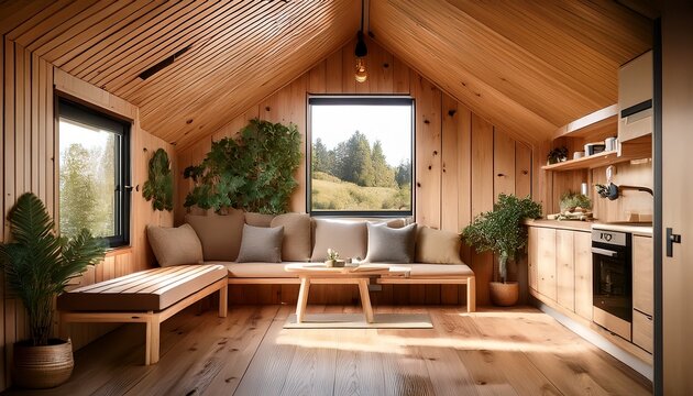 tiny house interior with warm wooden floor and walls embracing a minimalist and sustainable living concept