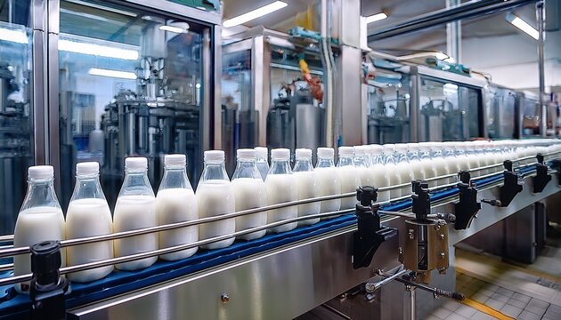 fresh milk bottles on automated factory line