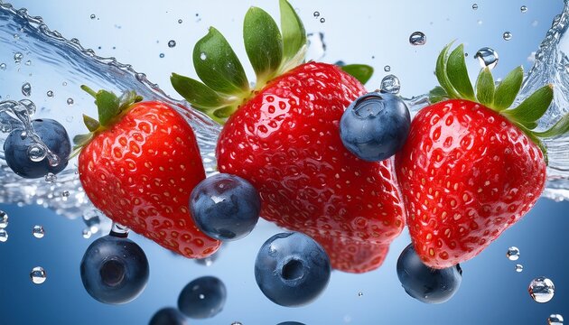 floating strawberries and blueberries with water droplets