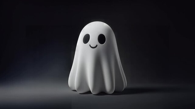 Cute animated ghost character, playful expression, simple white sheet, smooth motion, dark background, representing Halloween, fun, and mystery, perfect for holiday campaigns and lighthearted digital