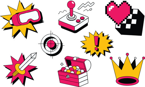 Retro gaming collection with arcade joystick virtual reality goggles sword crown pixel heart treasure chest and target
