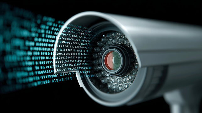 Security camera with swirling binary code emerging from its lens symbolizes data capture and digital surveillance. image conveys sense of technology and security
