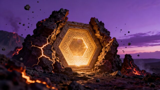 Glowing hexagonal portal in volcanic landscape
