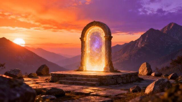 Glowing magical portal in mountain landscape