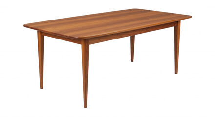 Fototapeta premium Rectangular mid-century modern dining table made of polished brown teak wood with four tapered legs isolated on a black background