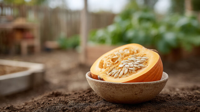 Freshly cut pumpkin with seeds in garden setting