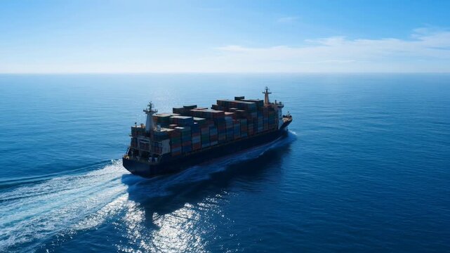 Large cargo ship sailing on calm blue ocean under clear sky