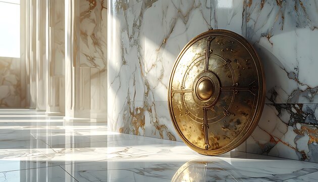 ancient golden shield leaning against marble wall, detailed ornament, strong architecture, bright sunlight and shadows