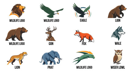 Fototapeta premium Wildlife animal icons set with eagle lion bear deer fox owl parrot