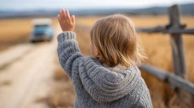 Toddler waving goodbye on country road in cozy sweater with copy space for inspirational or travel design