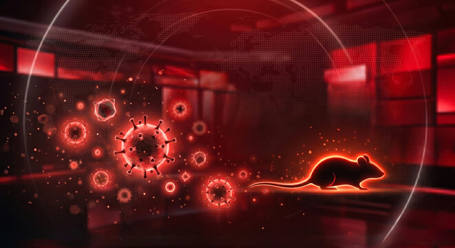 Digital illustration of a rat surrounded by glowing virus particles, symbolizing hantavirus transmission, rodent borne diseases, global outbreaks, and infectious disease research.