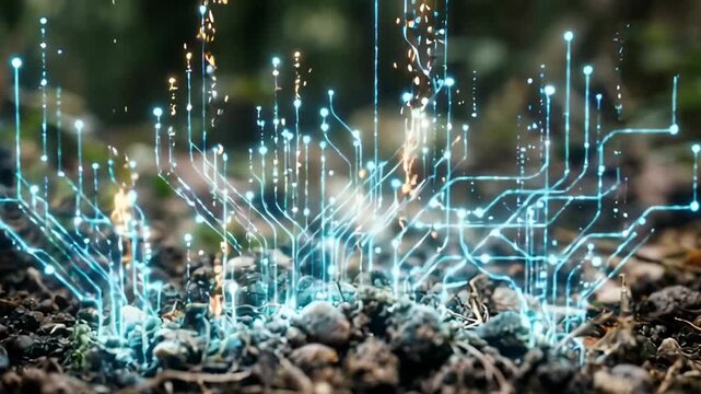 Digital Data Network Glowing in Fertile Forest Soil