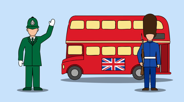 London Travel Symbols: Police Officer, Royal Guard, and Double-Decker Bus