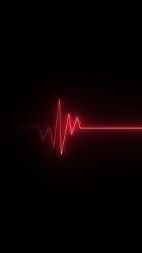 Red neon heartbeat EKG line with flatline section. Red neon heartbeat EKG line. Red neon heartbeat EKG on dark background.