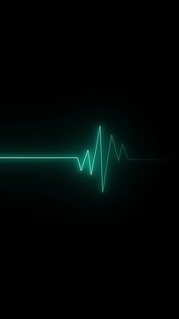 Teal neon heartbeat EKG line with flatline section. Teal neon heartbeat EKG line. Teal neon heartbeat EKG on dark background.