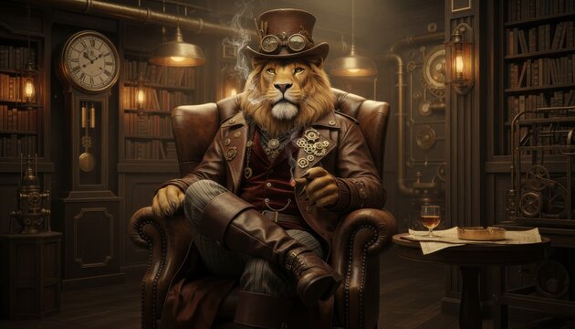 Fashionable steampunk lion enjoys a cigar in a gentlemen club filled with vintage charm