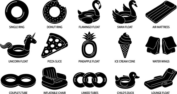 Inflatable pool float icons set, black silhouette swimming rings and water tubes, 15 summer beach vacation vector elements for leisure design