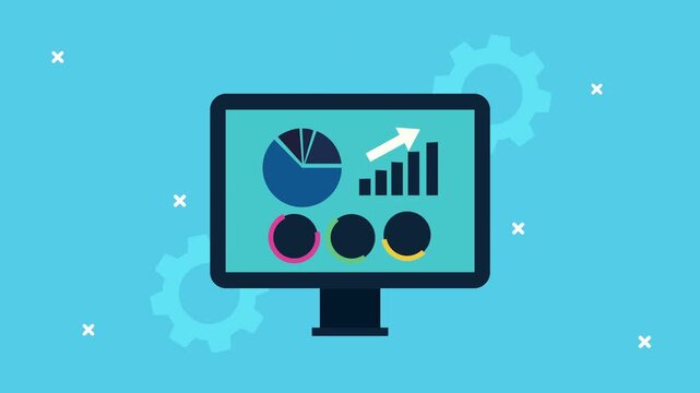 Dynamic motion graphics display statistical data on a desktop monitor with animated gears for business analytics.