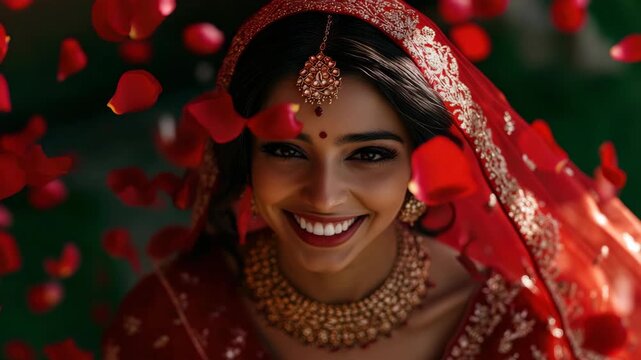 A joyous bride on her wedding day, smiling radiantly and surrounded by cascading red rose petals.