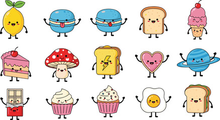 Cute Kawaii Food and Object Mascot Characters Set Featuring Lemon Macaron Bread Ice Cream Mushroom Heart Saturn And Egg Vector Illustration Collection © MdRezaul