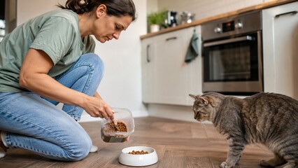 Woman Feeding her Grey Tabby Cat in a Modern Kitchen Setting.
