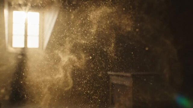 Sunlight streaming through a window illuminating a room filled with floating dust particles creating a warm, hazy, and atmospheric scene with visible light rays