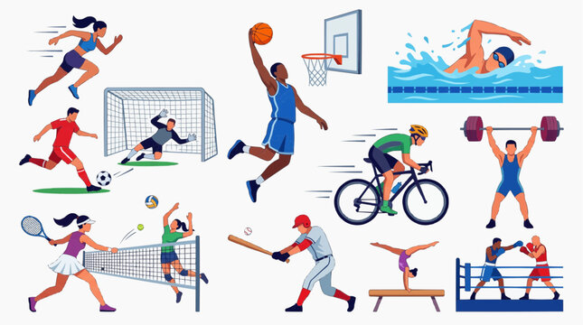 Diverse illustrations of athletes engaging in various sports, including track, basketball, swimming, cycling, weightlifting, soccer, tennis, baseball, gymnastics, and boxing