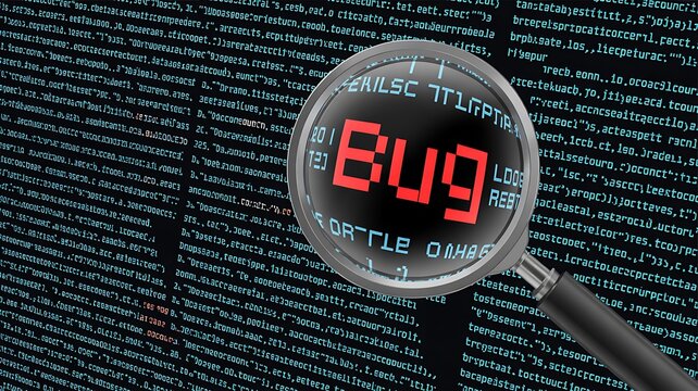 Magnifying glass, bug, coding error, debugging, digital problem, computer screen