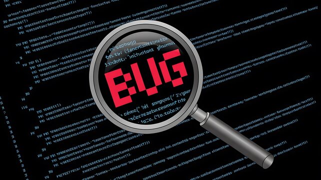 Bug, error, coding issue, magnifying glass, code review