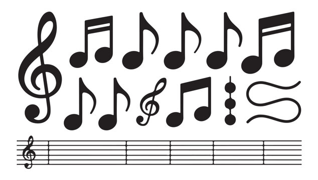Set of black music notes and symbols isolated on white background with stave lines illustration.