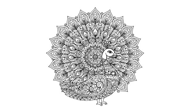Indian Rangoli peacock line art vector with traditional floral paisley ornamental patterns