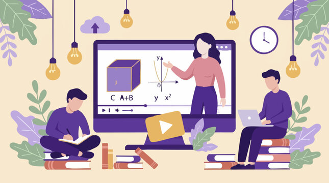 Students Learning Mathematics Online with Digital Teacher Illustration