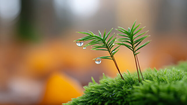Macro photography of moss with dew drops on a forest floor
