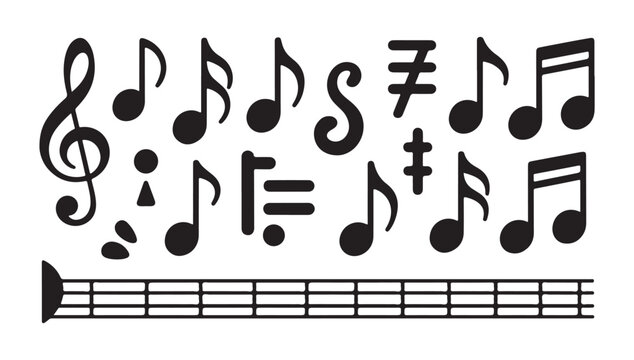 Set of black music notes and various musical symbols on white background illustration.