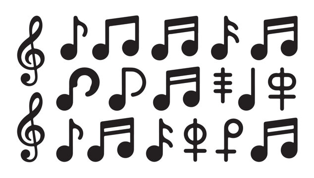 Assortment of black music notes and various musical symbols on white background illustration.
