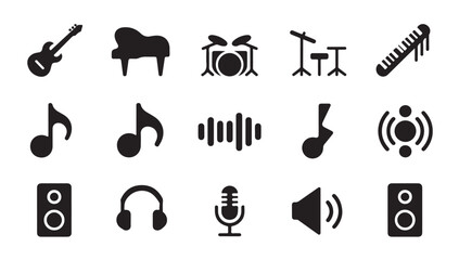 Minimalist music icons set with guitar piano drums and sound wave symbols for audio design. © MD