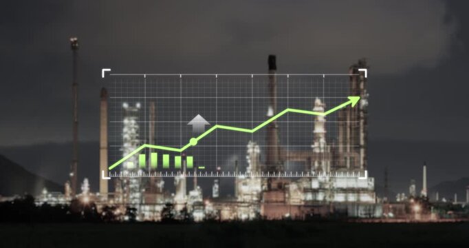 Industrial business concept with rising financial graph overlaying oil refinery plant at night. Symbolize increasing oil prices, refinery operating costs and growth in global power and energy sector.