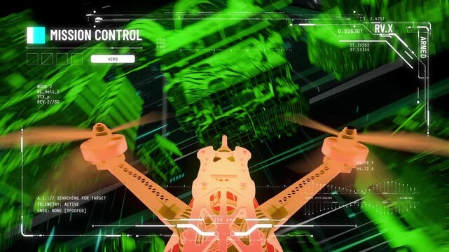 FPV drone with payload searches for target on hostile military base, HUD display