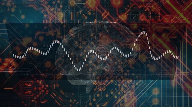 Dashed waveform appearing left and moving across ghosted brain, circuitry pulsing showing signals