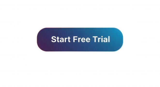 Rounded rectangular button with a blue and purple gradient background, and white text, reading start free, trial on a, black background