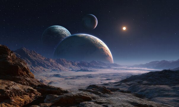 Alien Planet Landscape with Multiple Moons and Distant Star.
